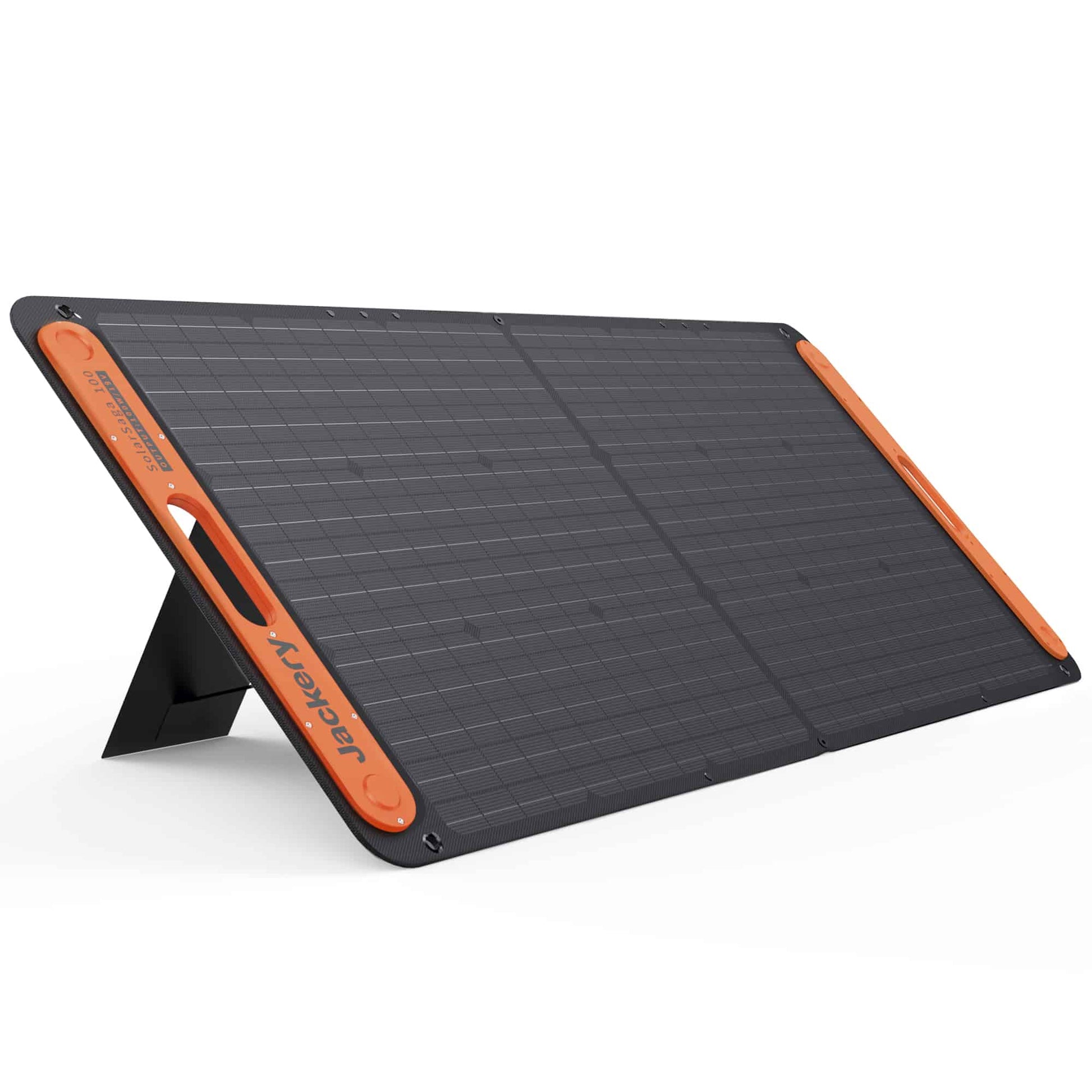 Black and orange solar panel with stand on a white background