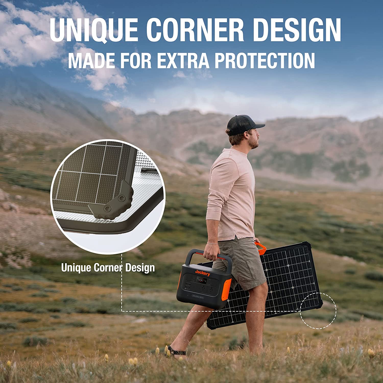 Person carrying a solar panel with unique corner design in a mountainous landscape