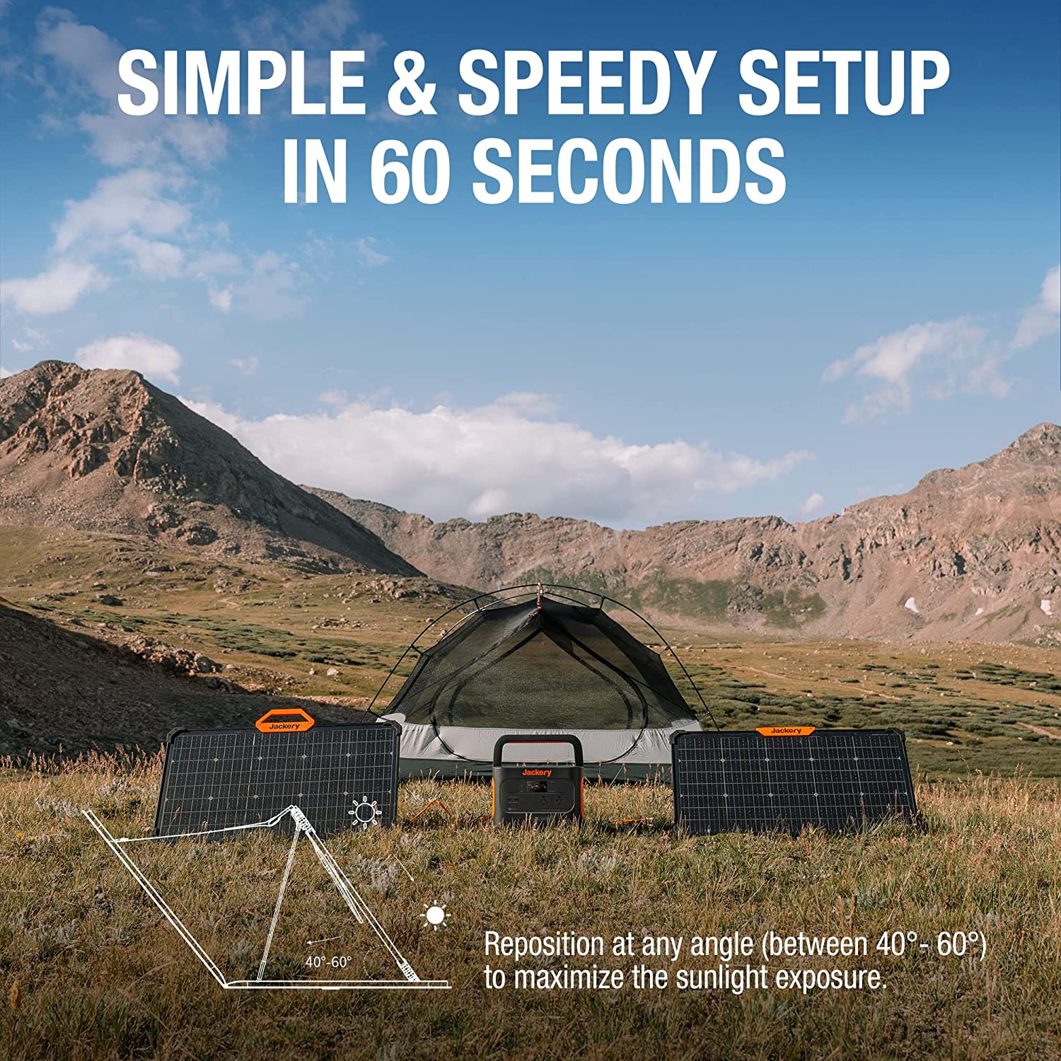Tent setup in a mountainous landscape with text 'Simple & Speedy Setup in 60 Seconds'.