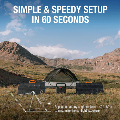 Tent setup in a mountainous landscape with text 'Simple & Speedy Setup in 60 Seconds'.