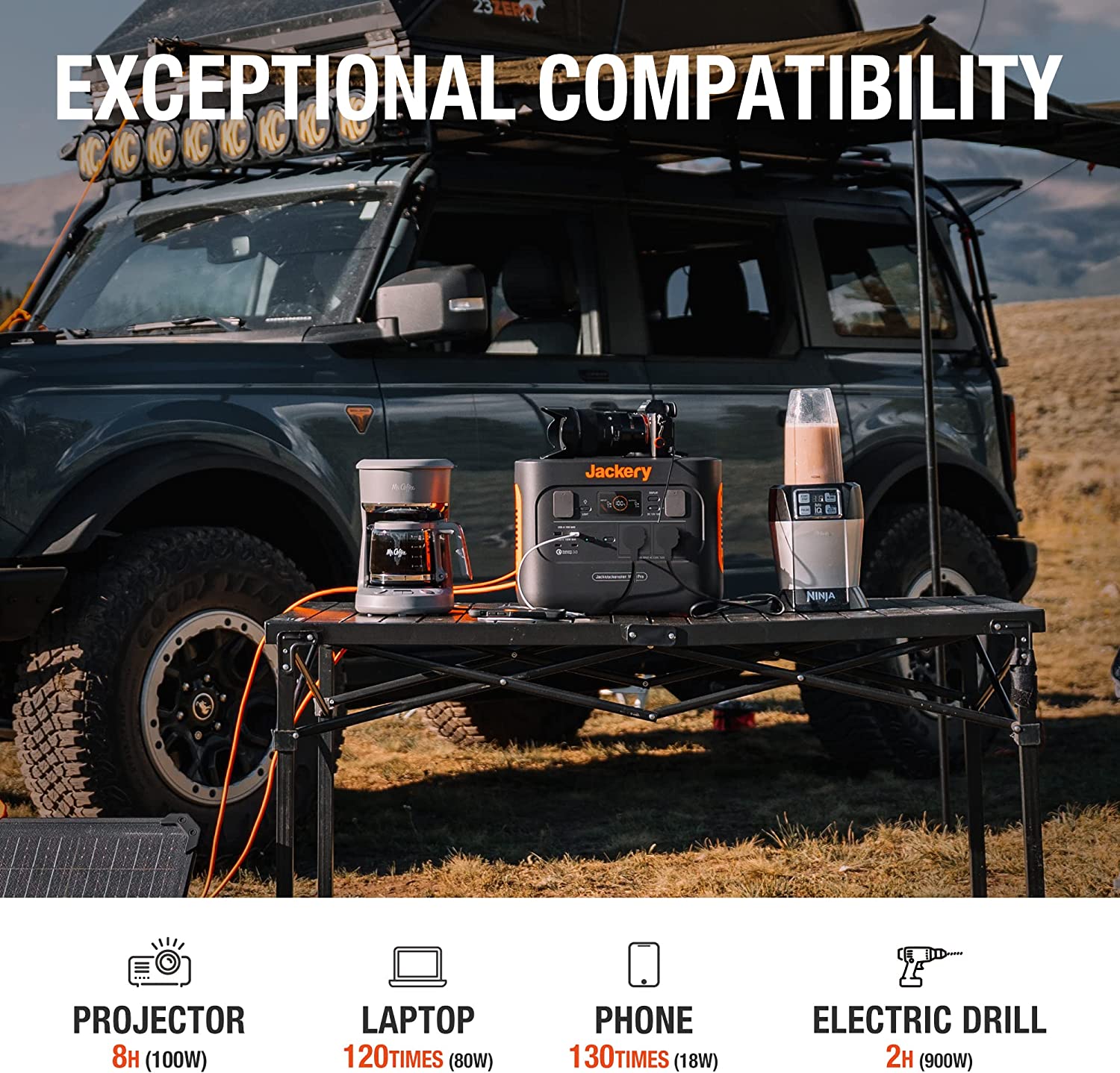 Portable power station with coffee maker and blender on a table in front of a vehicle in a field, with text 'Exceptional Compatibility'.