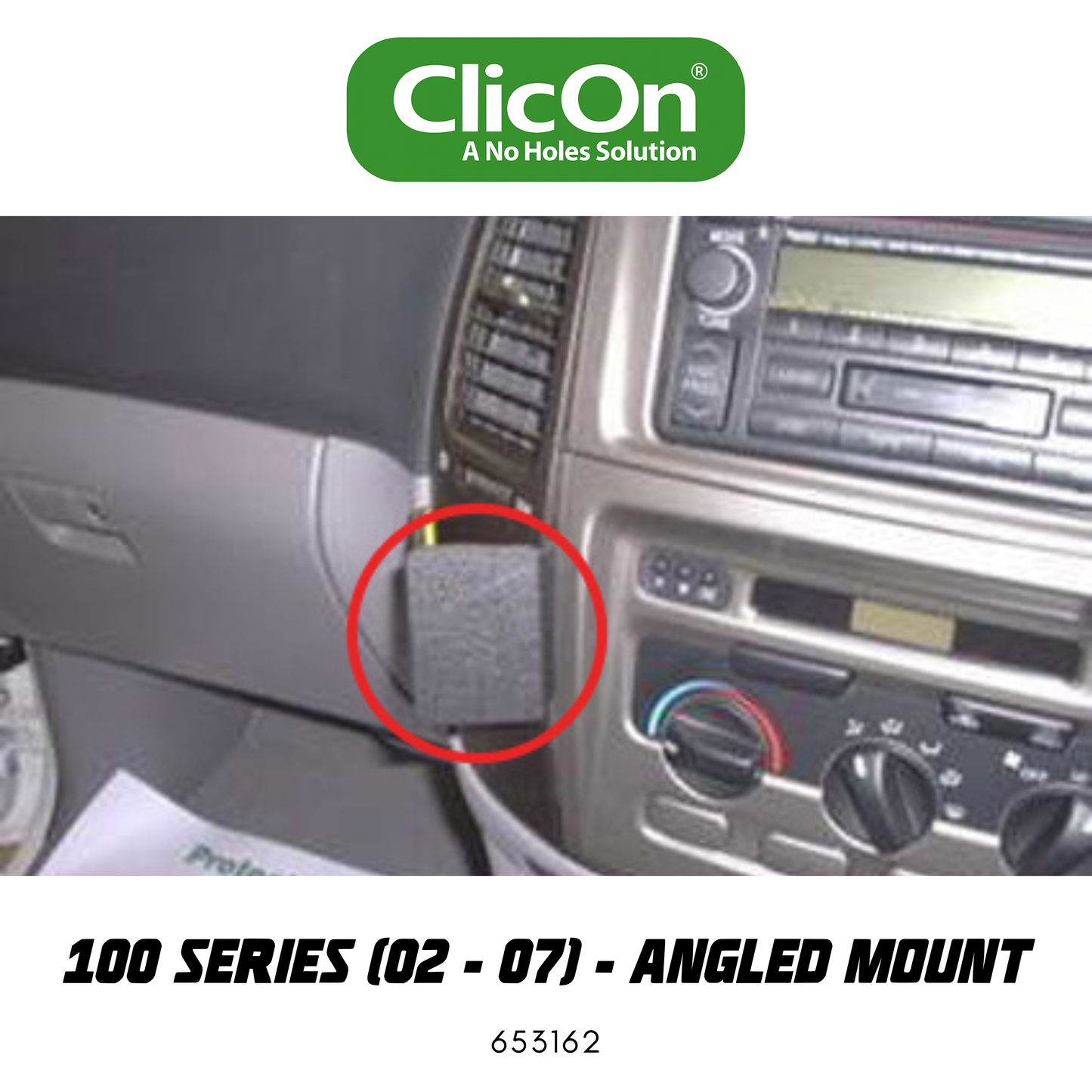 Car dashboard with ClicOn product showing an angled mount solution.