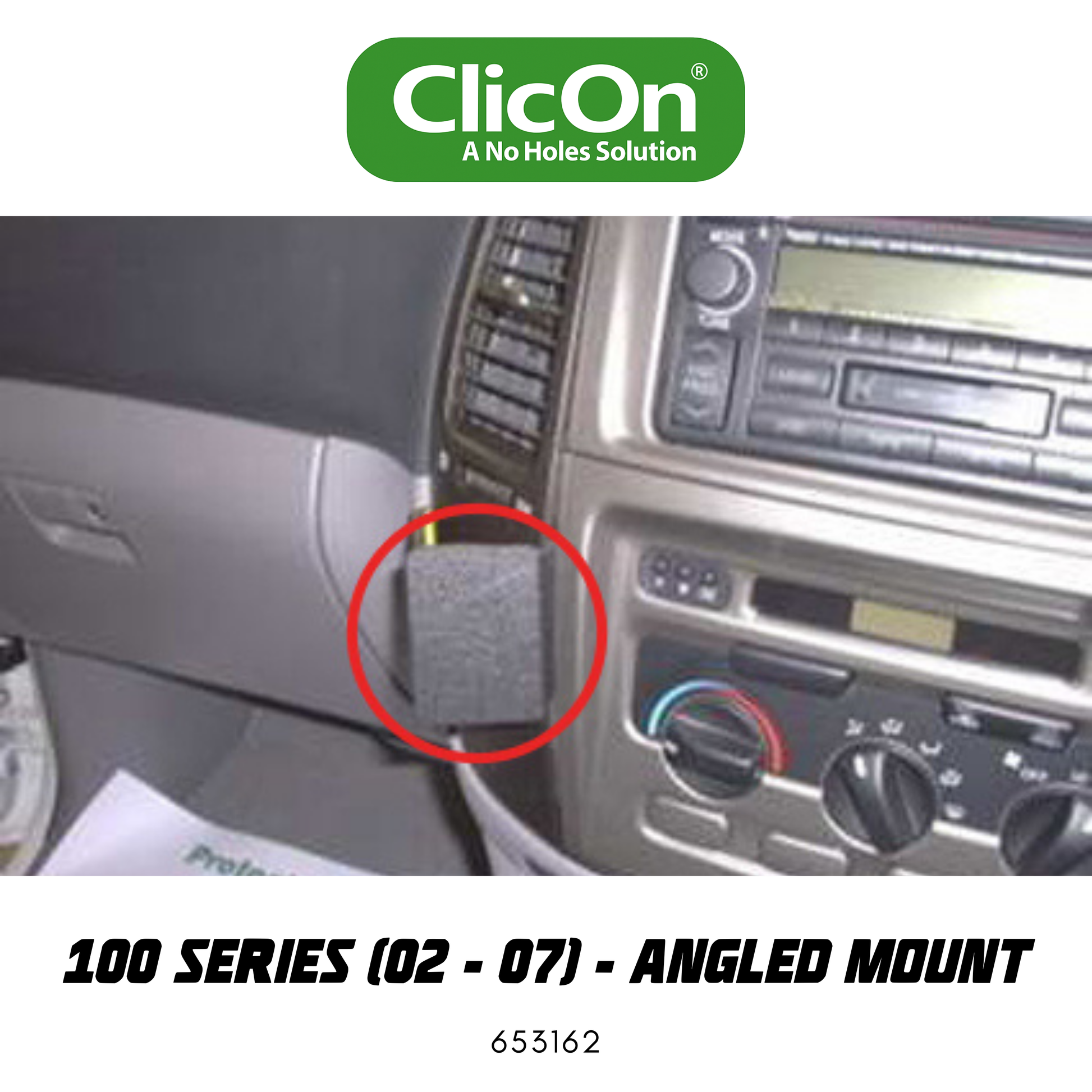 Car dashboard with ClicOn product showing an angled mount solution.