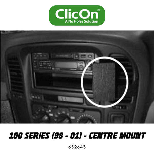 Car dashboard with a ClicOn product highlighted, featuring the brand logo and model details.