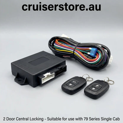 2 door central locking kit with control box, key fobs and wiring harness for LandCruiser 79 Series single cab on a white background