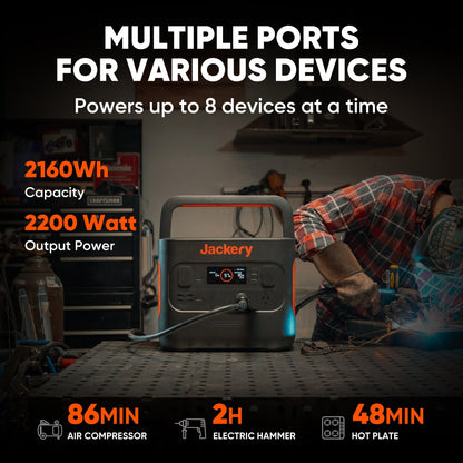 Jackery power station with text highlighting its features and capacity in a workshop setting.