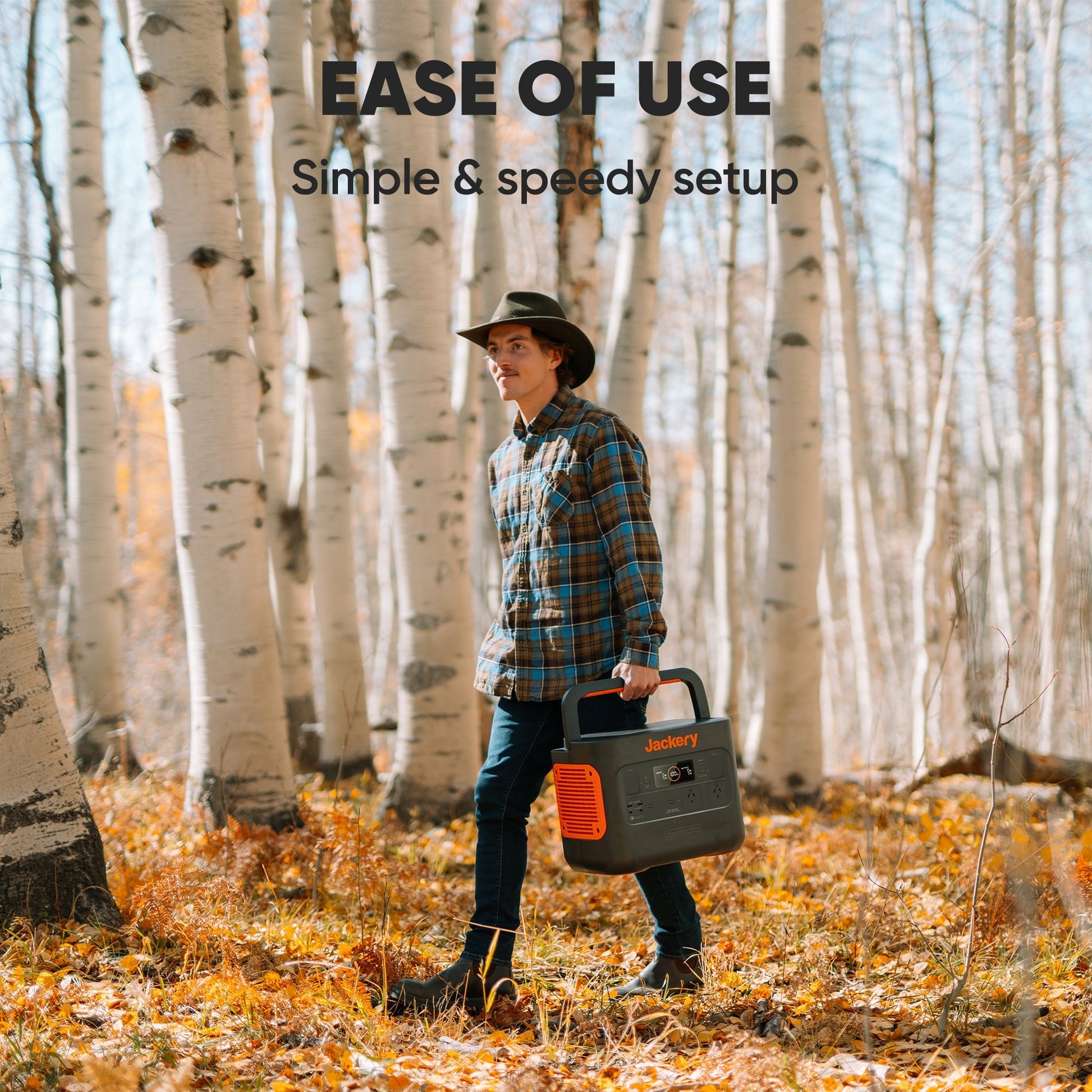 Person holding a Portable Power Station in a forest with text about ease of use