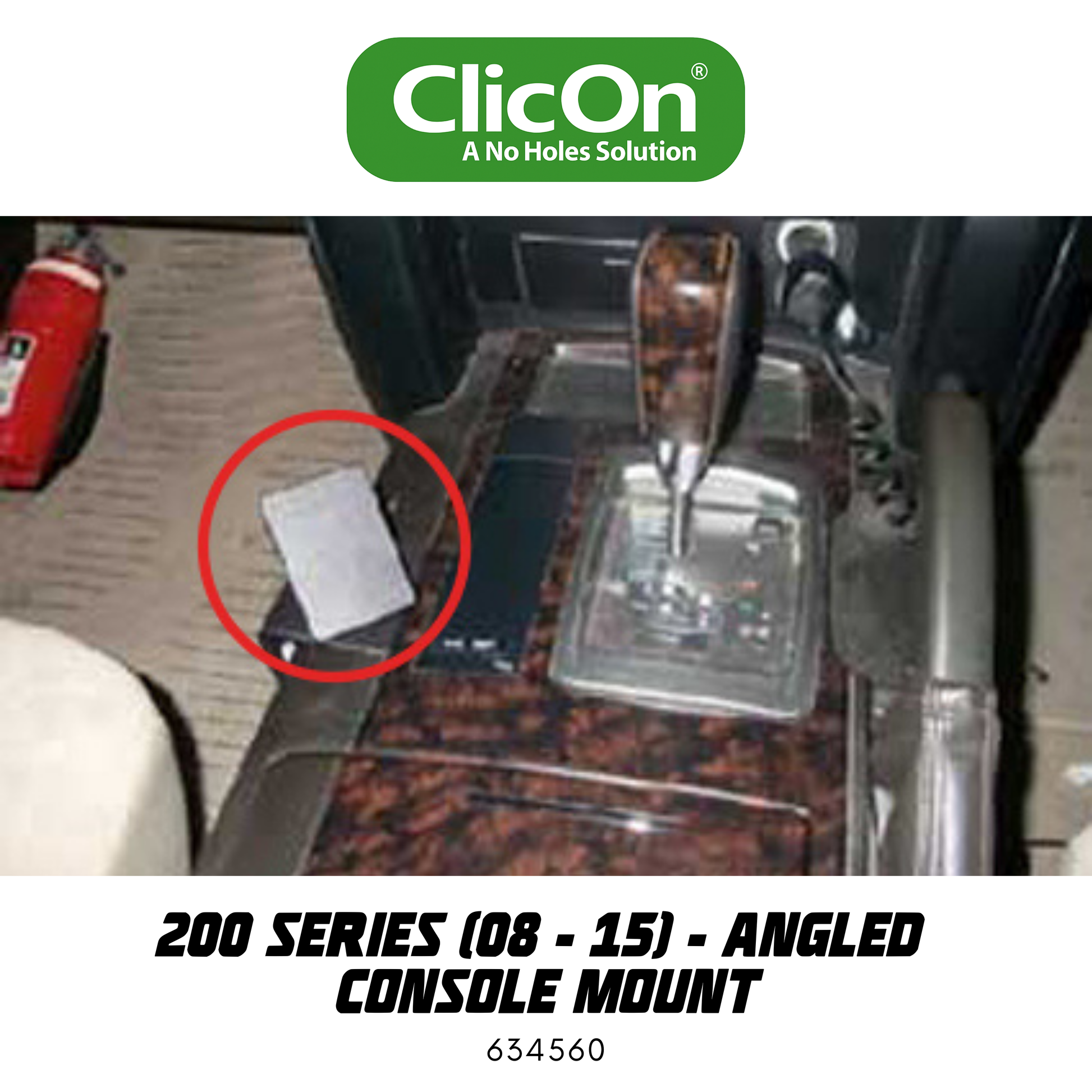 Car console mount with ClicOn branding and product details.
