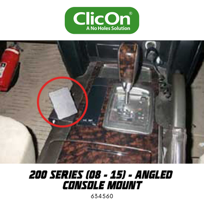 Car console mount with ClicOn branding and product details.