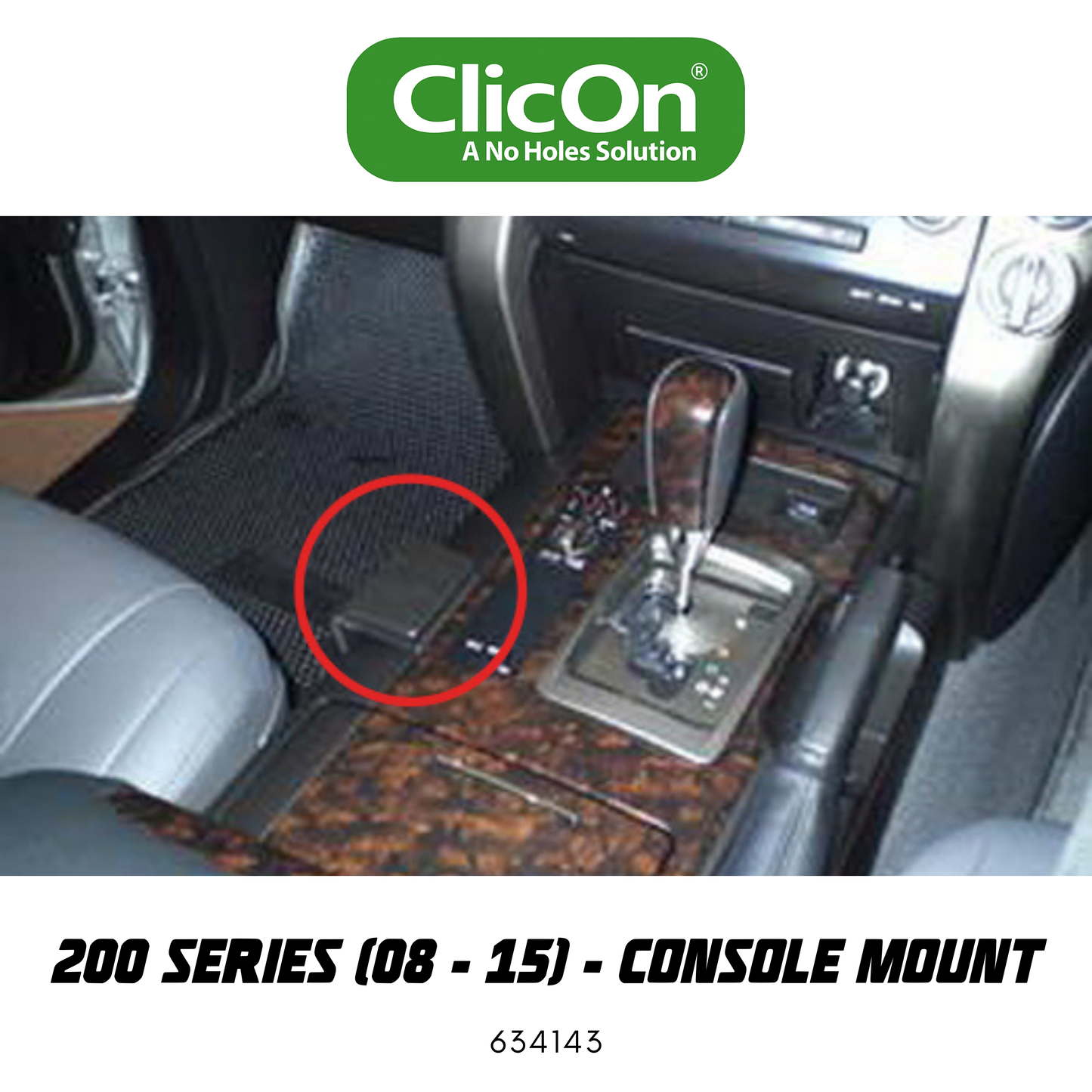 Car console with ClicOn console mount highlighted, showing 'ClicOn' branding.