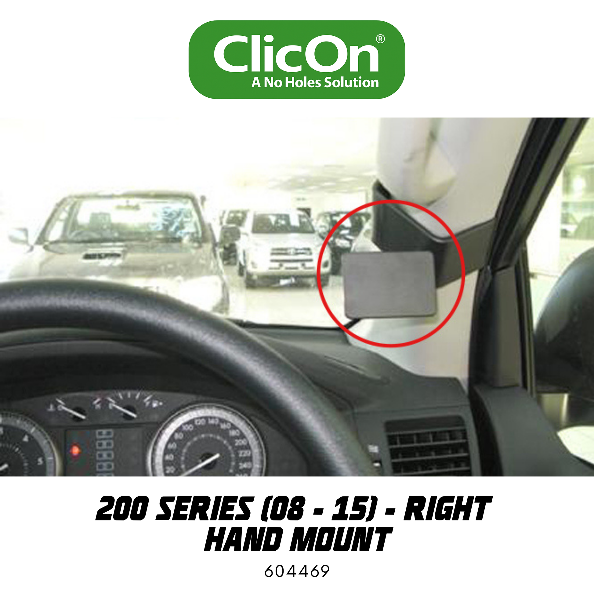 Car dashboard with a ClicOn mount attached, showing a parking lot in the background.