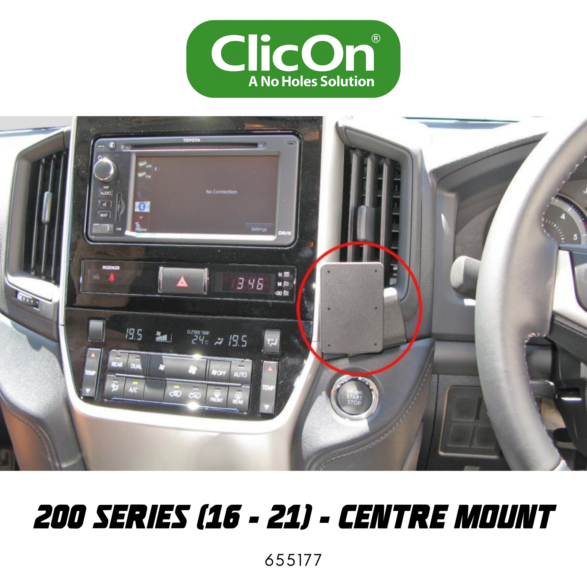 Car dashboard with a ClicOn mounting solution highlighted, featuring the brand logo.