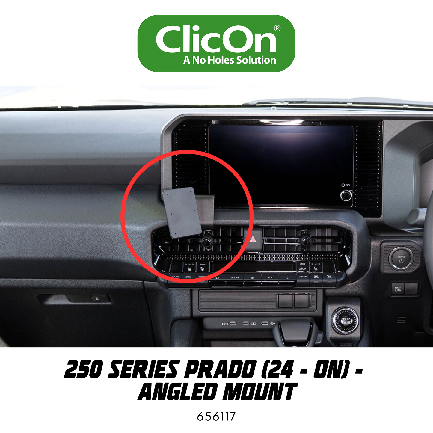 Car dashboard with a phone mount and ClicOn logo above.