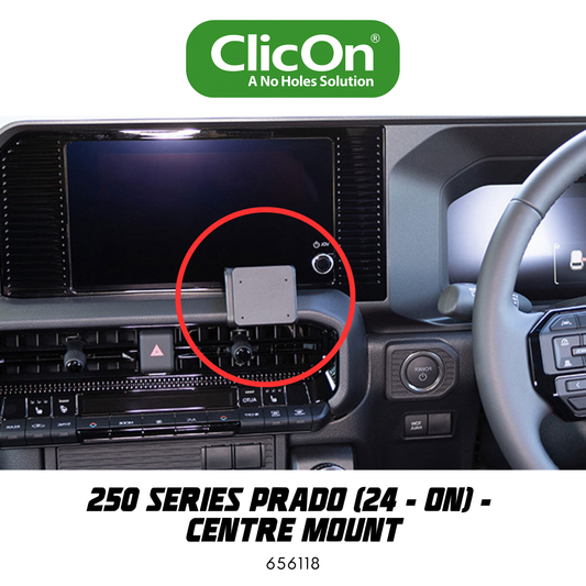 Car dashboard with a mount for a navigation system, featuring the ClicOn brand.