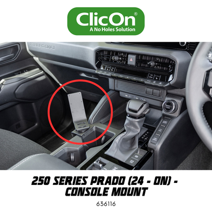 Car interior with gear shift and console mount highlighted, featuring ClicOn branding.