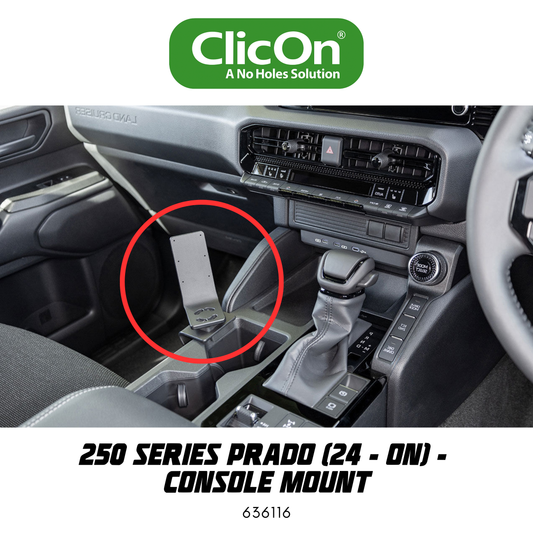 Car interior with gear shift and console mount highlighted, featuring ClicOn branding.