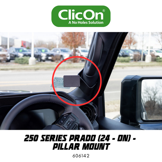 Car interior with a ClicOn pillar mount solution, showing a clear view of the car's interior.