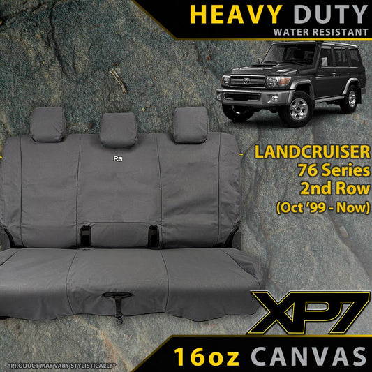 Heavy-duty Rear Row Seat Covers for LandCruiser 76 Series 2nd Row with vehicle image and text on a rocky background.