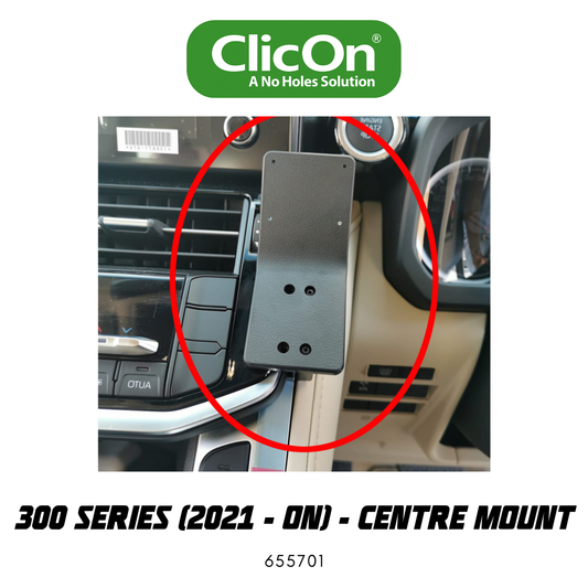 Car mount installation on a vehicle's dashboard with ClicOn branding.