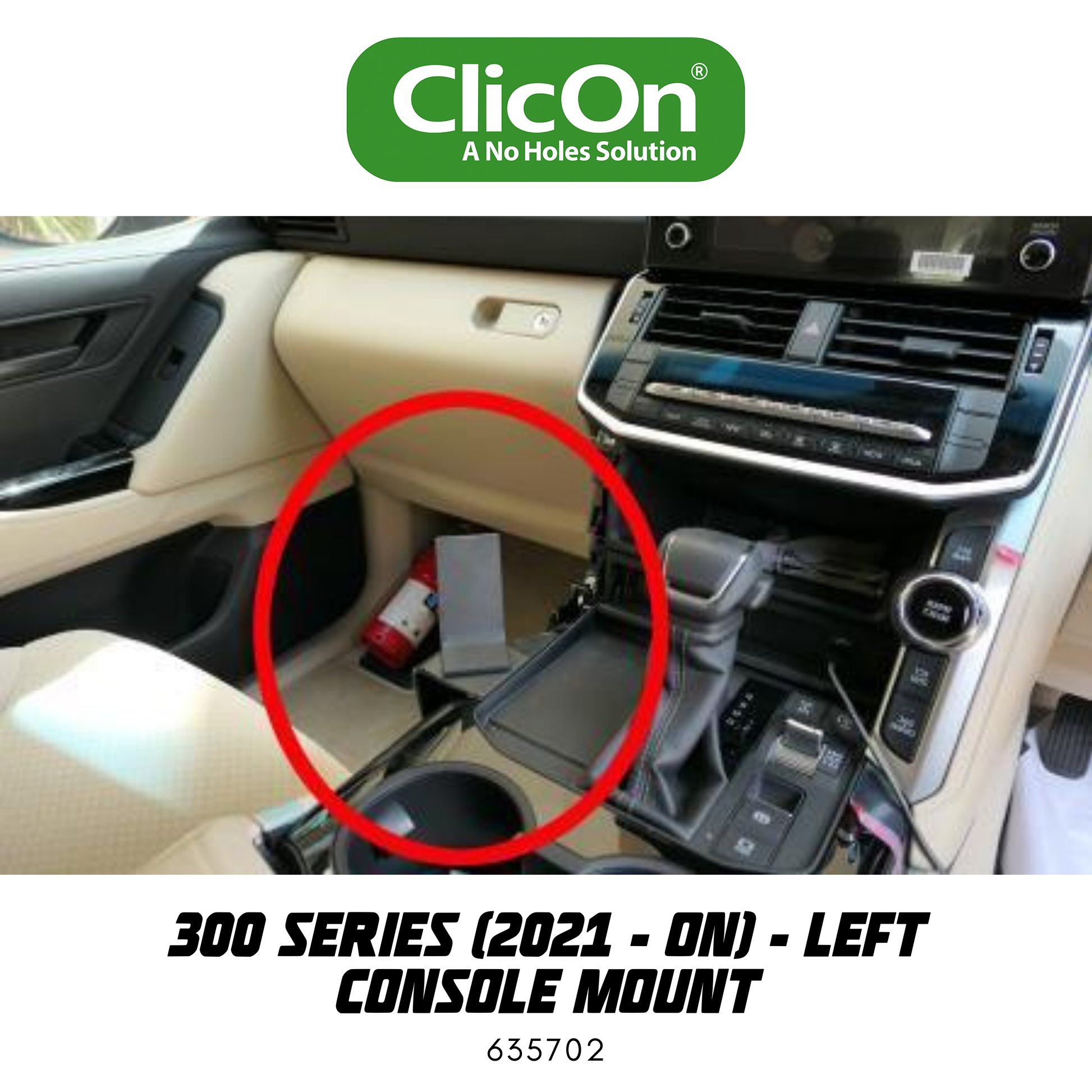 Car interior with a red circle highlighting a console mount, featuring the ClicOn brand.