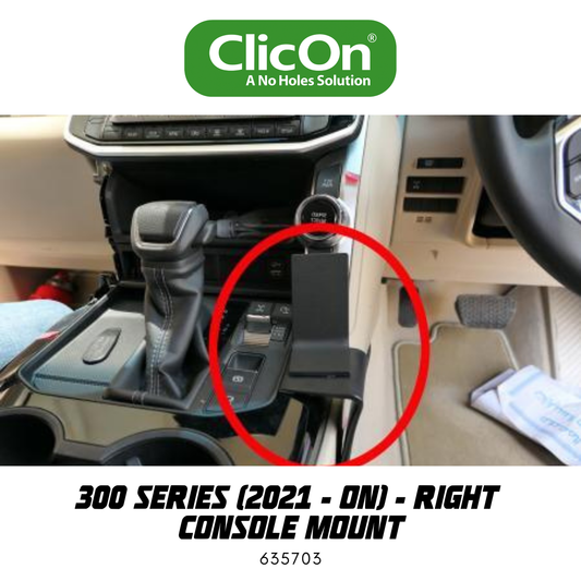 Car console mount with ClicOn branding on a vehicle interior.