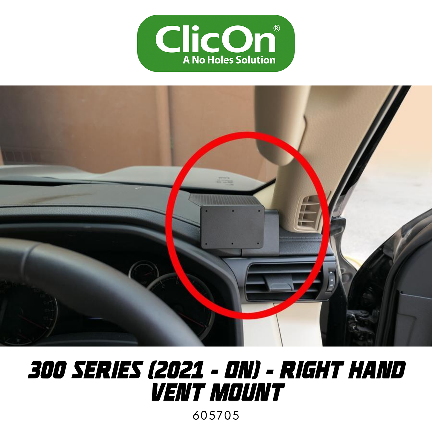 Car interior with a ClicOn mount highlighted, featuring the brand logo.
