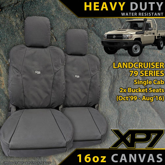 2x Front Seat Covers for Landcruiser 79 Series with a truck image and text on a stone background.