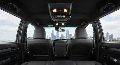 Interior view of 2023 Toyota Hilux Rogue with 4WD Interiors SOS Compatible roof console installed.