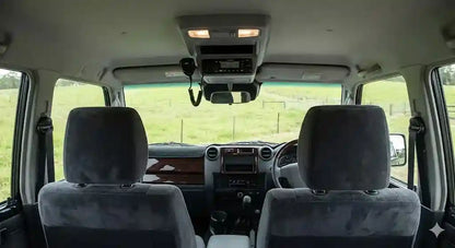 Interior view of 2023 LandCruiser 79 Series Dual Cab with 4WD Interiors roof console installed, showing clearance for AEB camera.