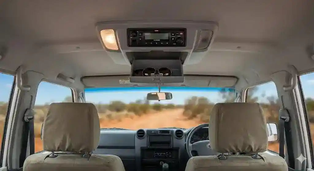 Interior view of Toyota LandCruiser 79 Series Dual Cab with 4WD Interiors roof console installed, featuring UHF radio and LED lights.