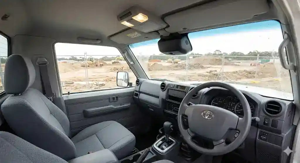 Interior view of 2024 Toyota LandCruiser 79 Series Single Cab Facelift with 4WD Interiors RC70LPCC Roof Console.
