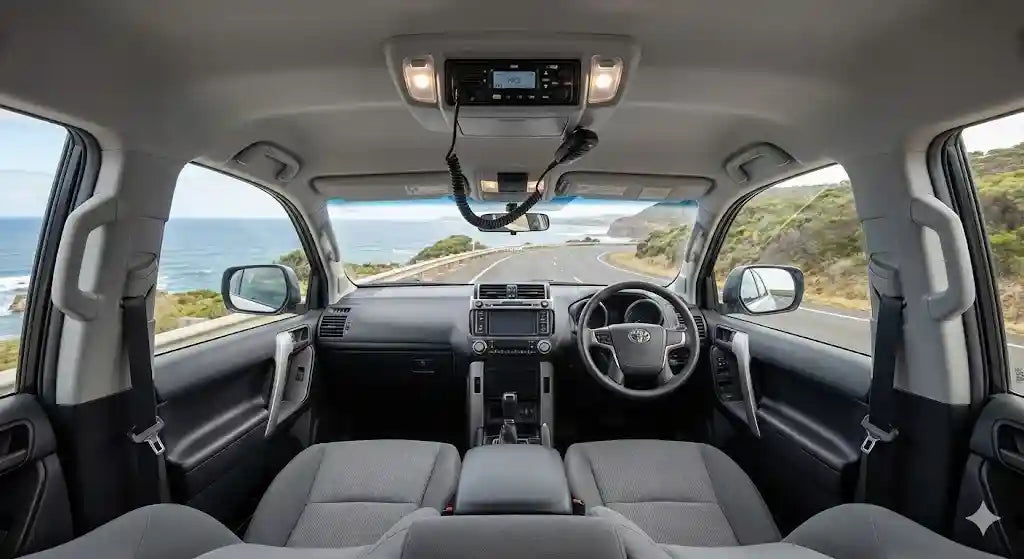 Interior view of Toyota Prado 150 Series GXL with 4WD Interiors roof console installed.