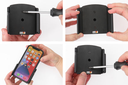 Step-by-step process of using a phone holder with screws on a white background