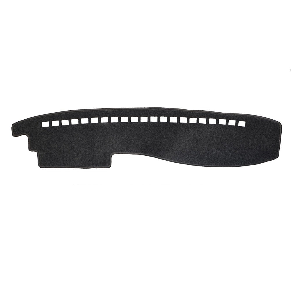 Black car dashboard mat with slotted design on a white background