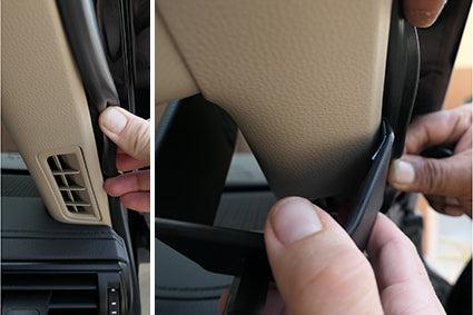 Close-up of a car interior with a hand installing ClicOn Dash Mount 