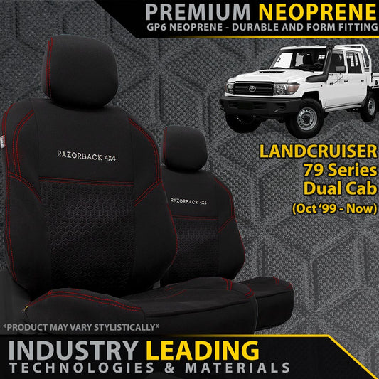 2x Front Seat Covers with red stitching on a textured gray background, featuring a Toyota LandCruiser 79 Series.