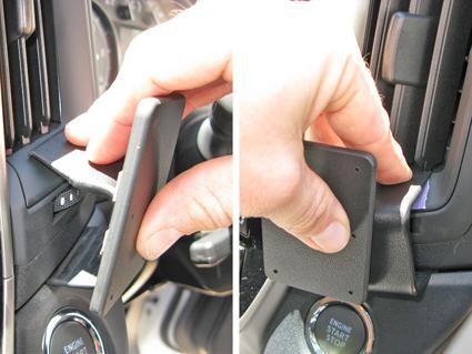 Two images showing a hand inserting a ClicOn Dash Mount