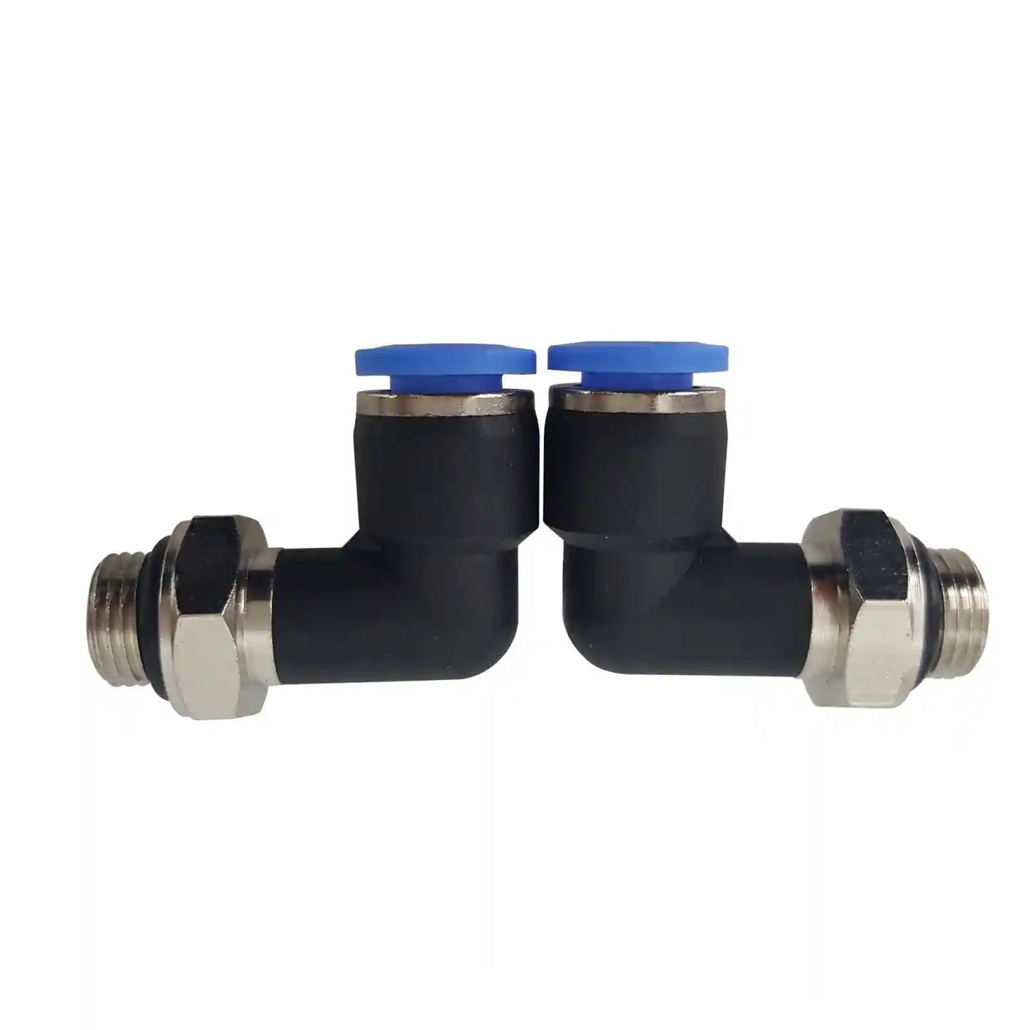 Two black connectors with blue caps and metal fittings on a white background