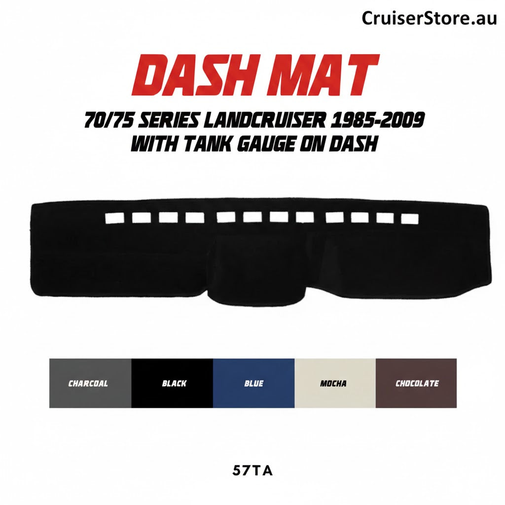 Toyota Land Cruiser 70/75 Series (1985-2009) dash mat with tank gauge cutout, available at cruiserstore.au in various colors.