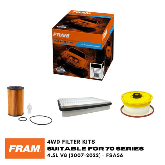 Fram 4WD filter kit with packaging, filters, and accessories on a white background