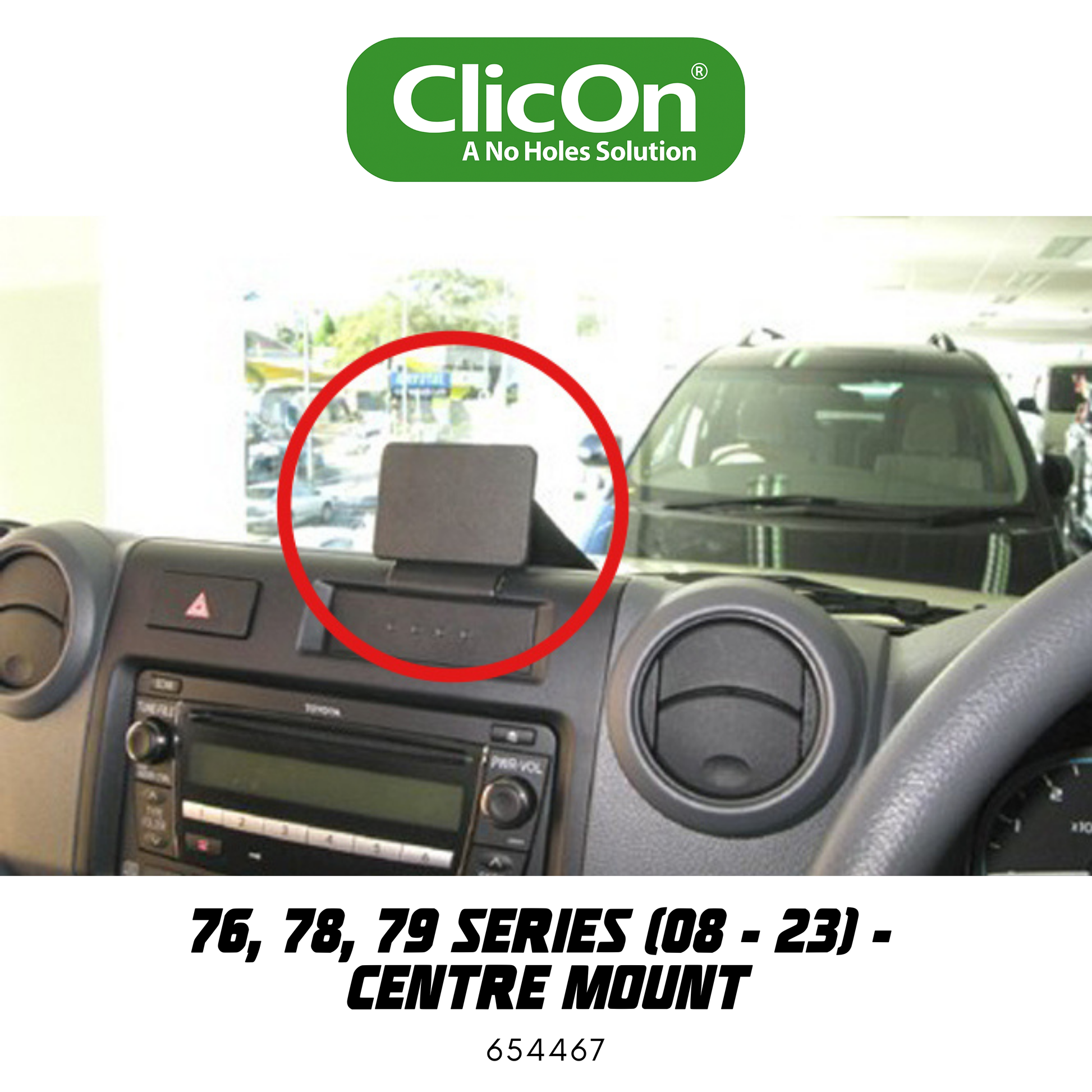 Car dashboard with a phone mount and ClicOn branding