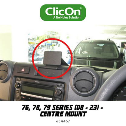 Car dashboard with a phone mount and ClicOn branding