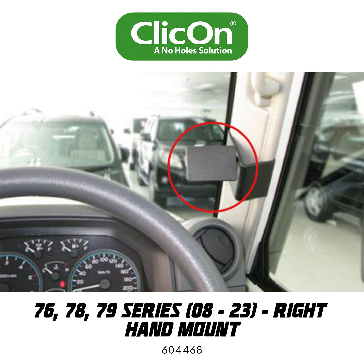 Car interior with a ClicOn mirror mount labeled 'Right Hand Mount' on a white background.