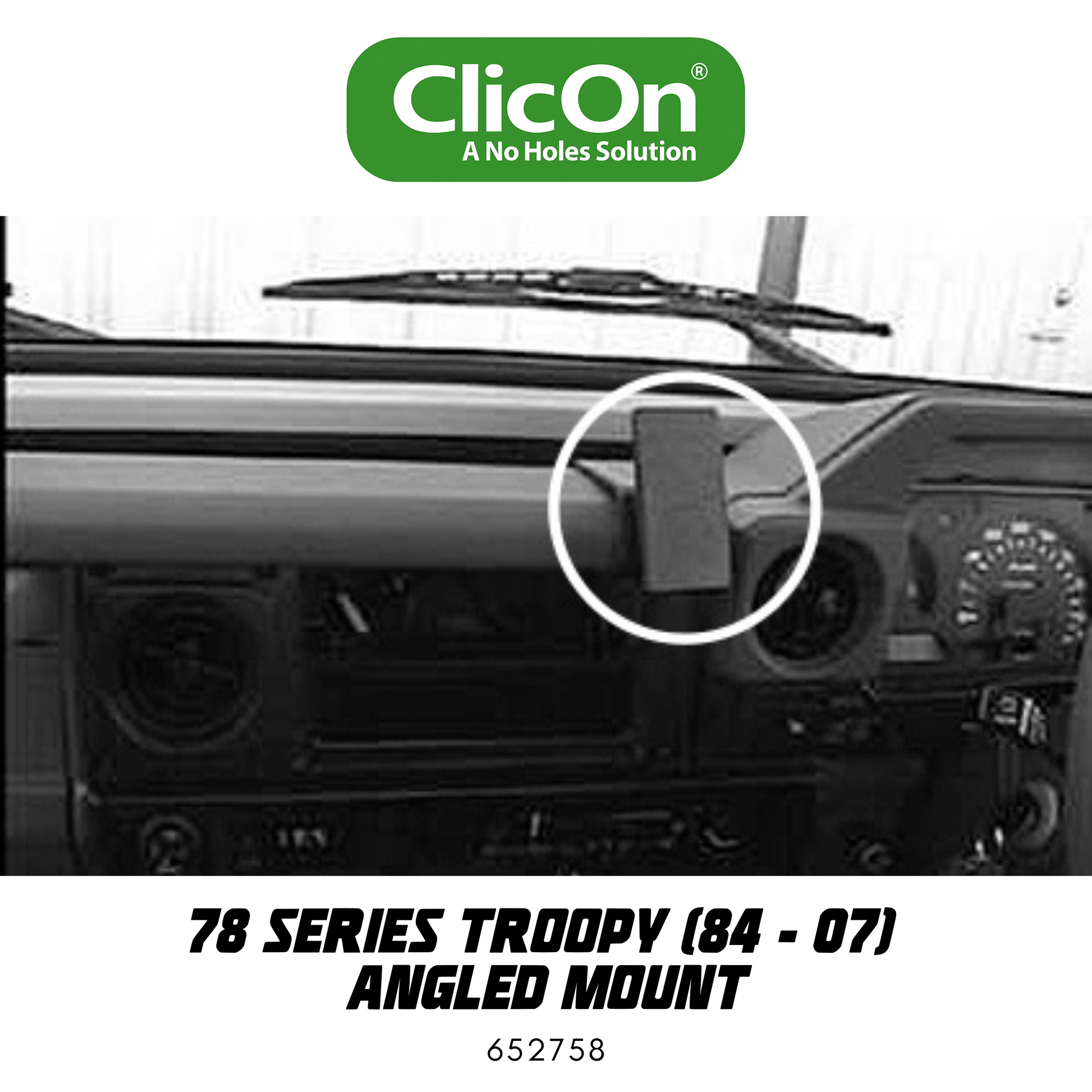 Car mount with ClicOn logo on a vehicle interior background