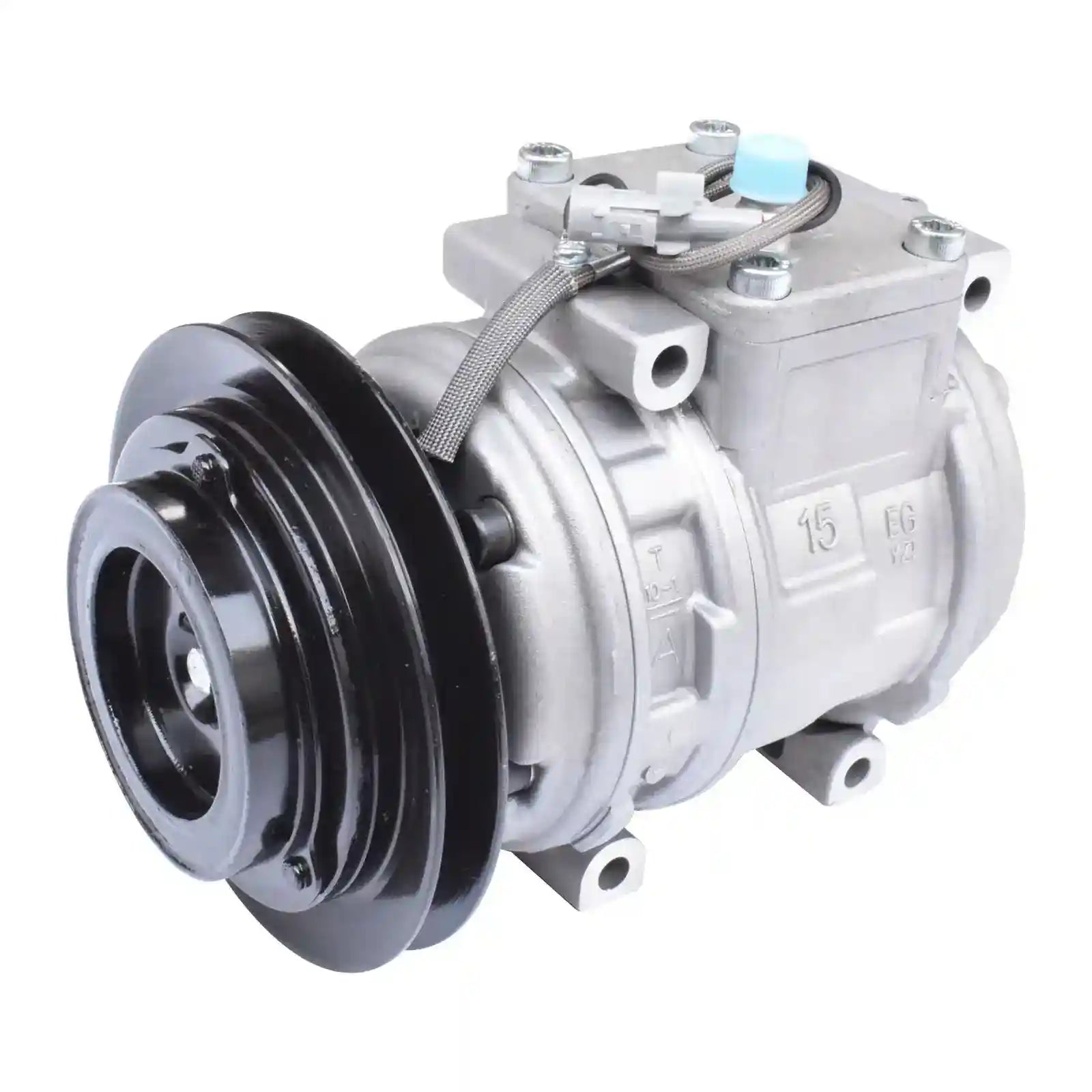 Automotive air conditioning compressor on a white background