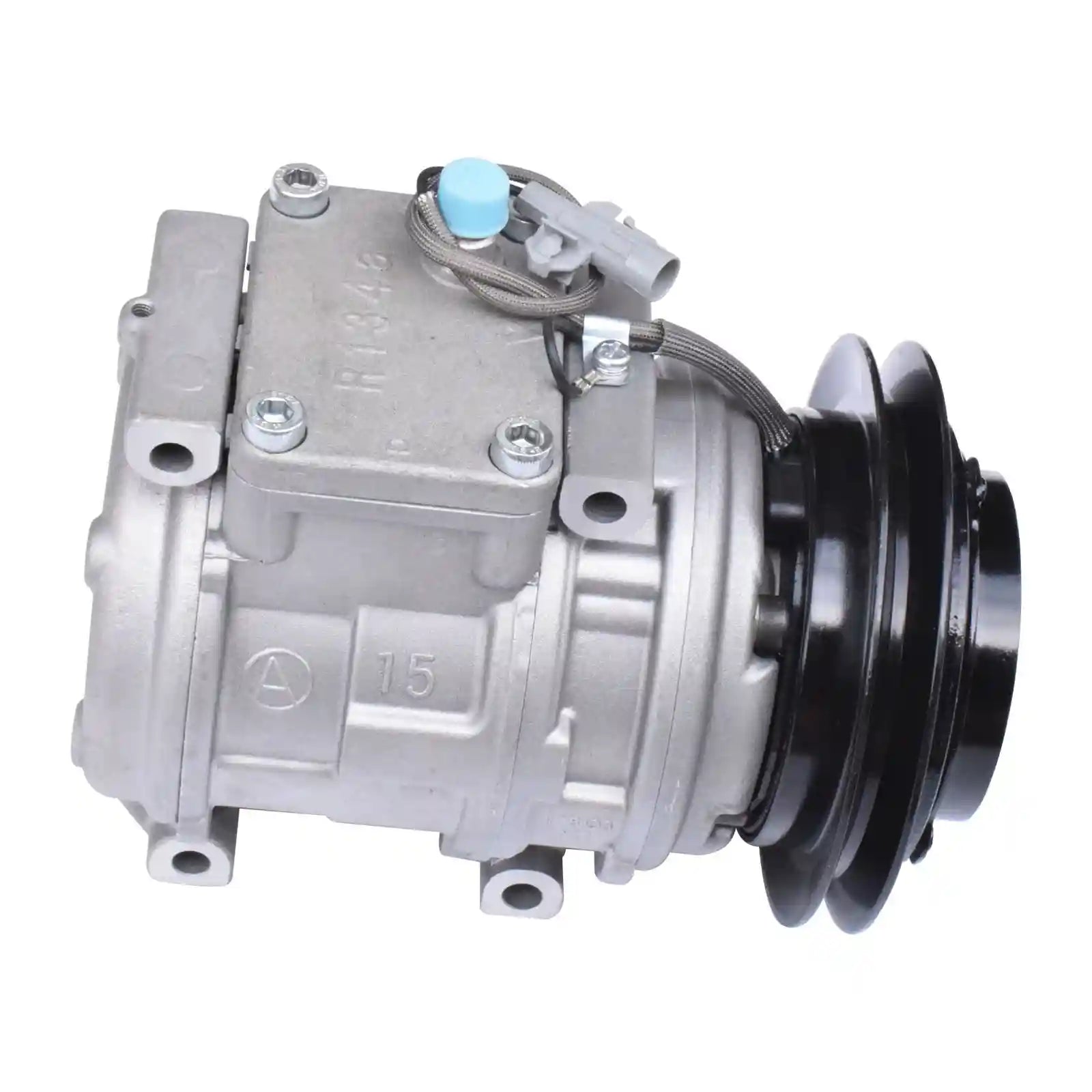 Automotive air conditioning compressor on a white background