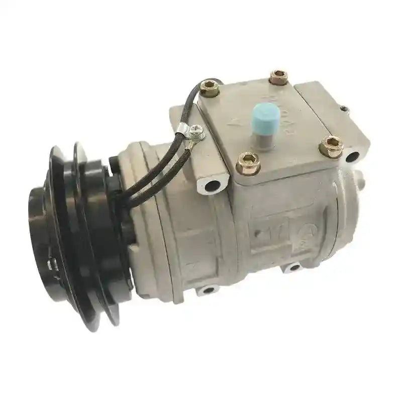 Air Con AC Compressor with black belt and metal housing on a white background