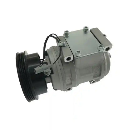 A/C compressor with black pulley and metallic housing on a white background