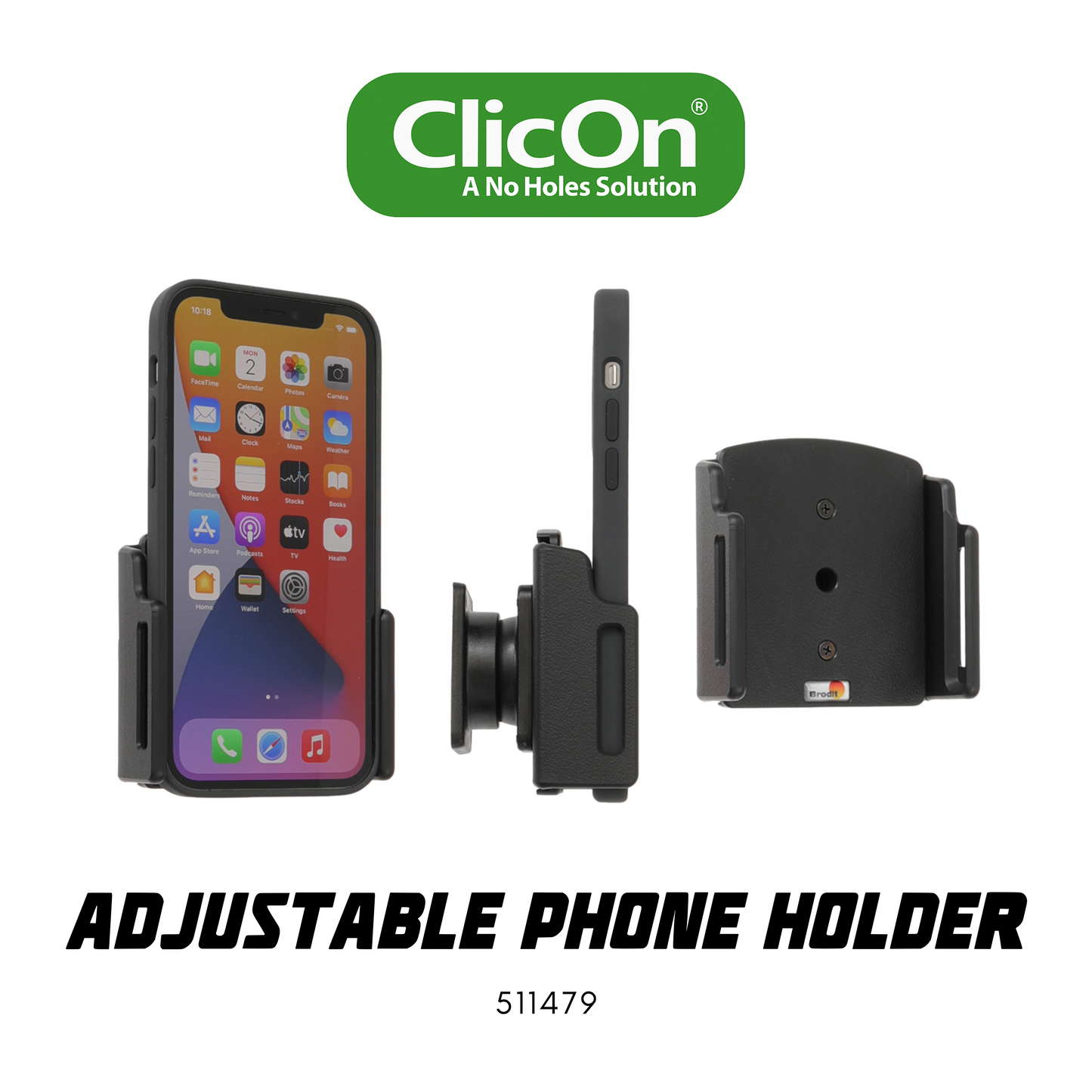 ClicOn adjustable phone holder with smartphone display on a white background