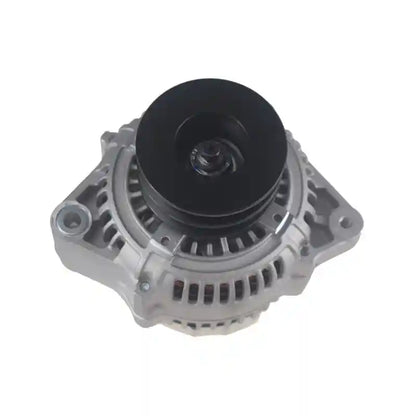 Car alternator with black pulley on a white background